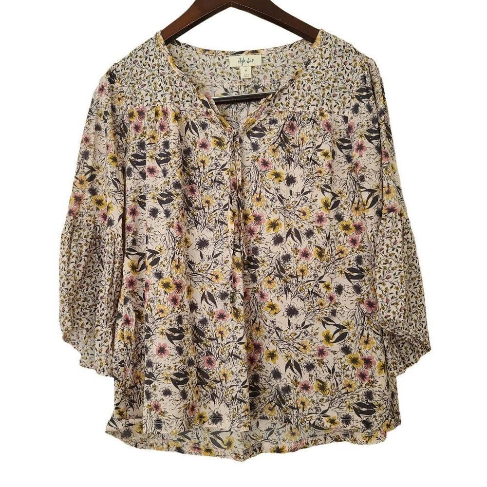 Style & Co Women's Multicolor Floral Split Neck 3/4 Sleeve Nylon Blouse Size XS